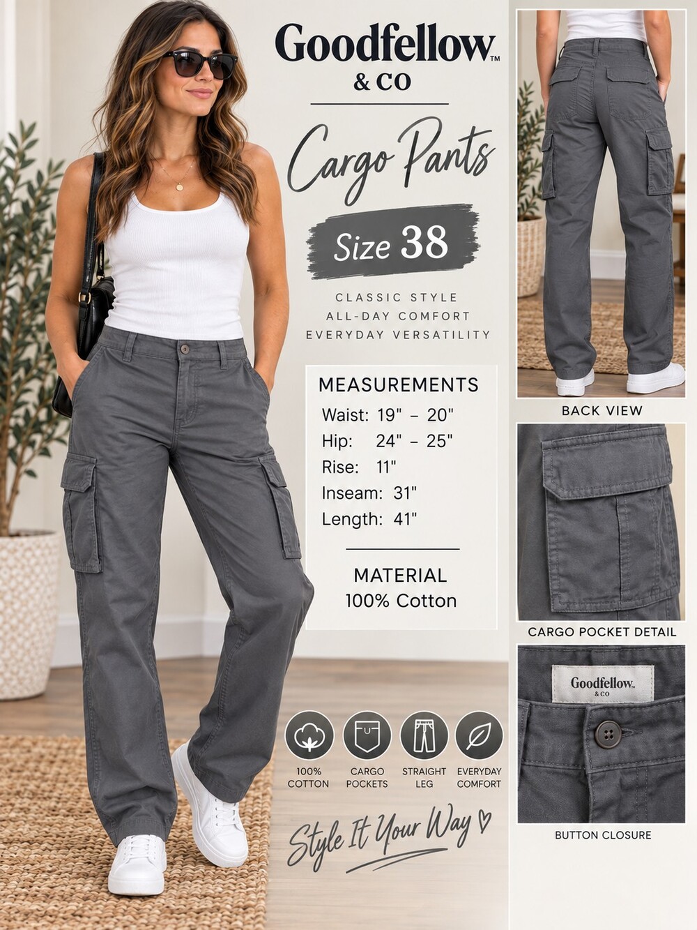 A59. Goodfellow & Co Women’s Gray Cargo Pants Sz 38 Cotton Straight Leg Utility